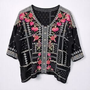 Johnny Was Carnation Embroidered Cupra Rayon Tunic Blouse XL Boho Luxe